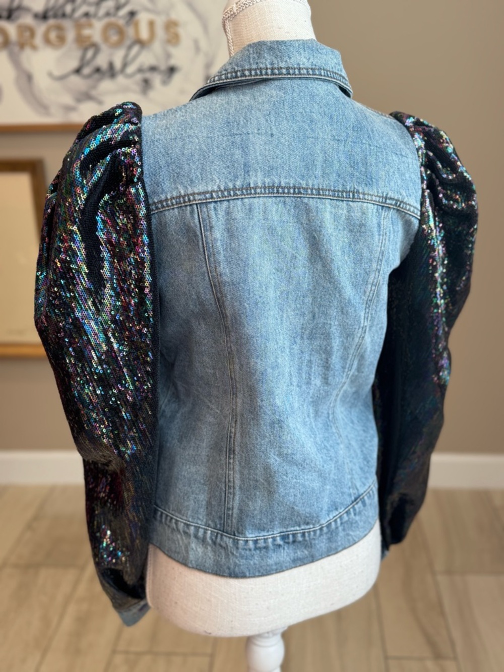 New! QUEEN OF SPARKLES Denim Jacket with Black Sequin Puff Sleeves - Picture 7 of 10